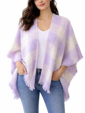 Steve Madden Pastel Purple Checkered Fringe Poncho Shawl Cozy Boho Wrap